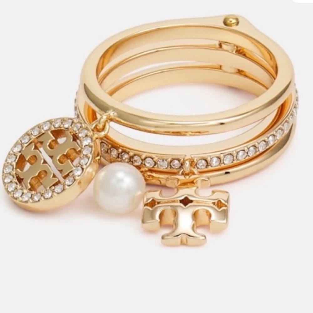 NWT Tory Burch Miller Pave Charm Stack Ring Gold size 7 MSRP $148